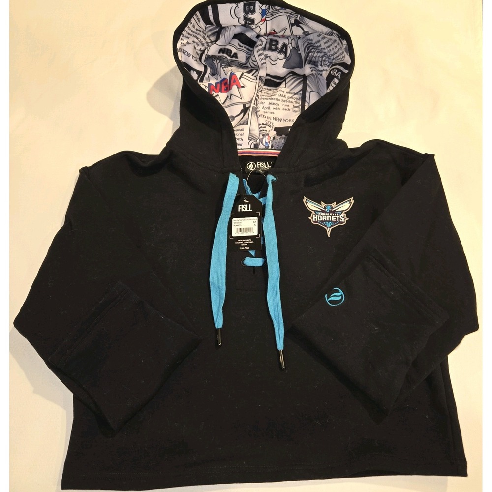 NWT FISLL NBA Charlotte Hornets Cropped Fleece Sweatshirt Comic Book Hood XL